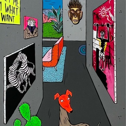 Bella a guardar um Basquiat que contempla um Vasarelly, no corredor .Capri.Italia,2010.